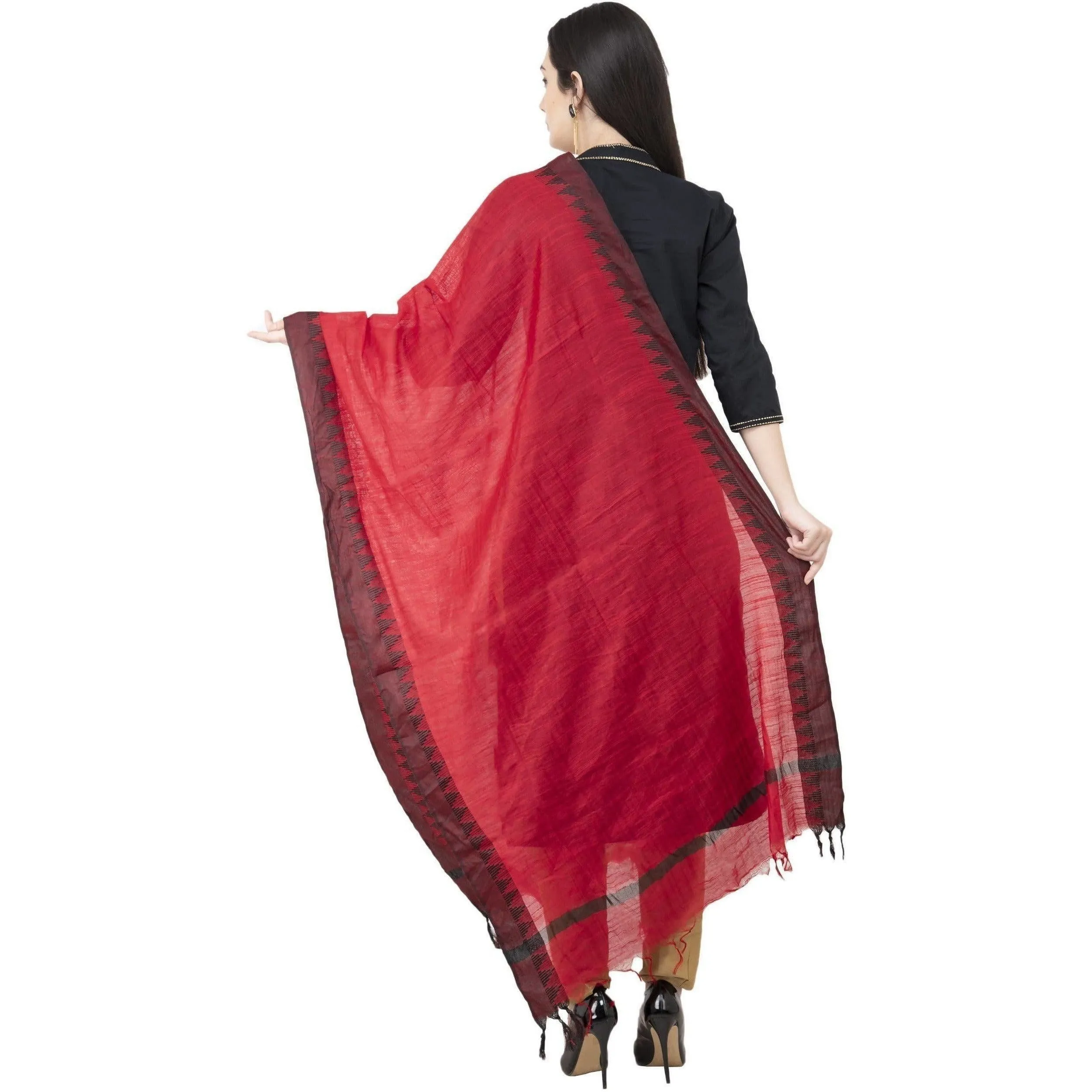 A R Silk Black Temple border Regular Dupatta Dark Red Color Dupatta or Chunni