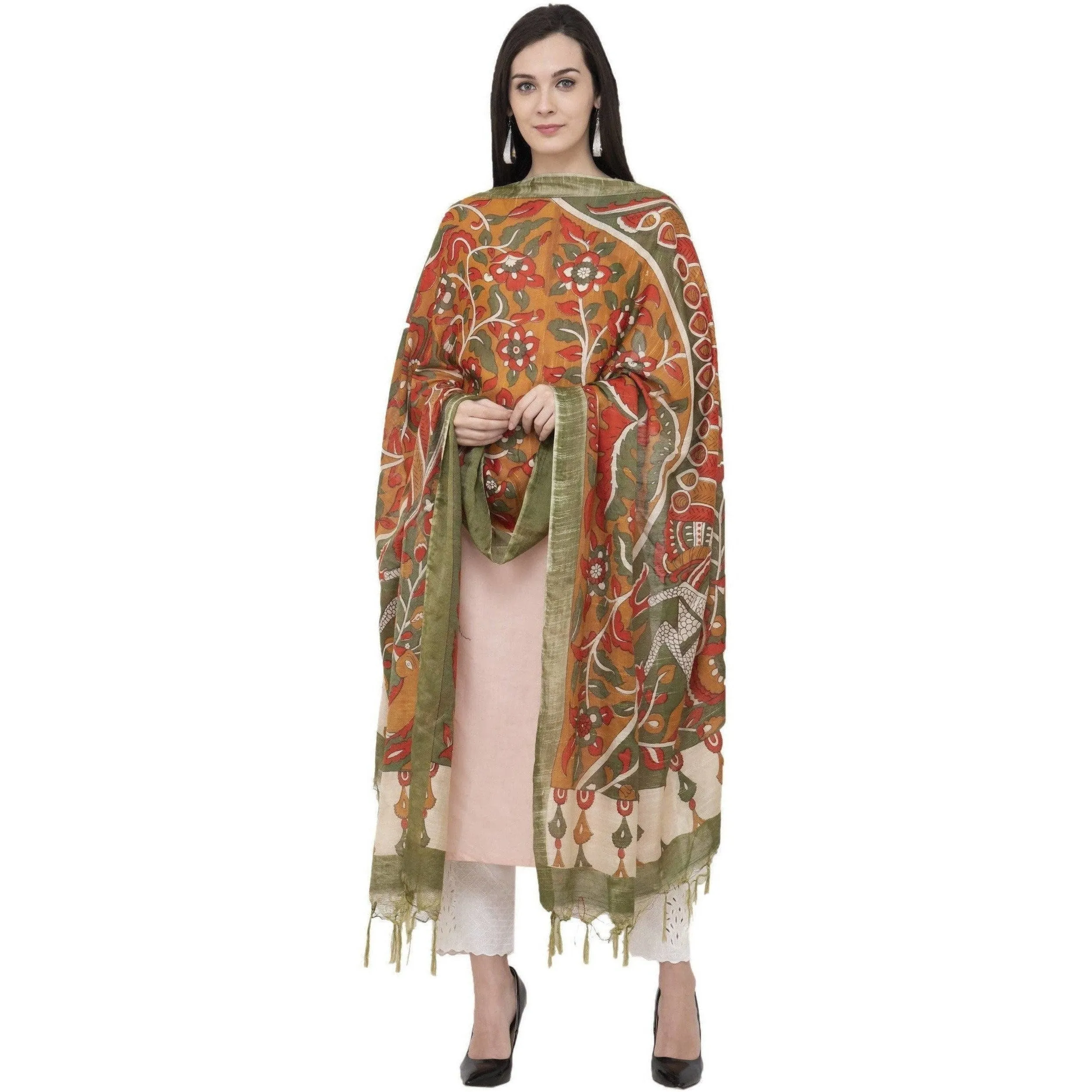 A R Silk Modal Kalamkari Printed Fancy Green Dupatta