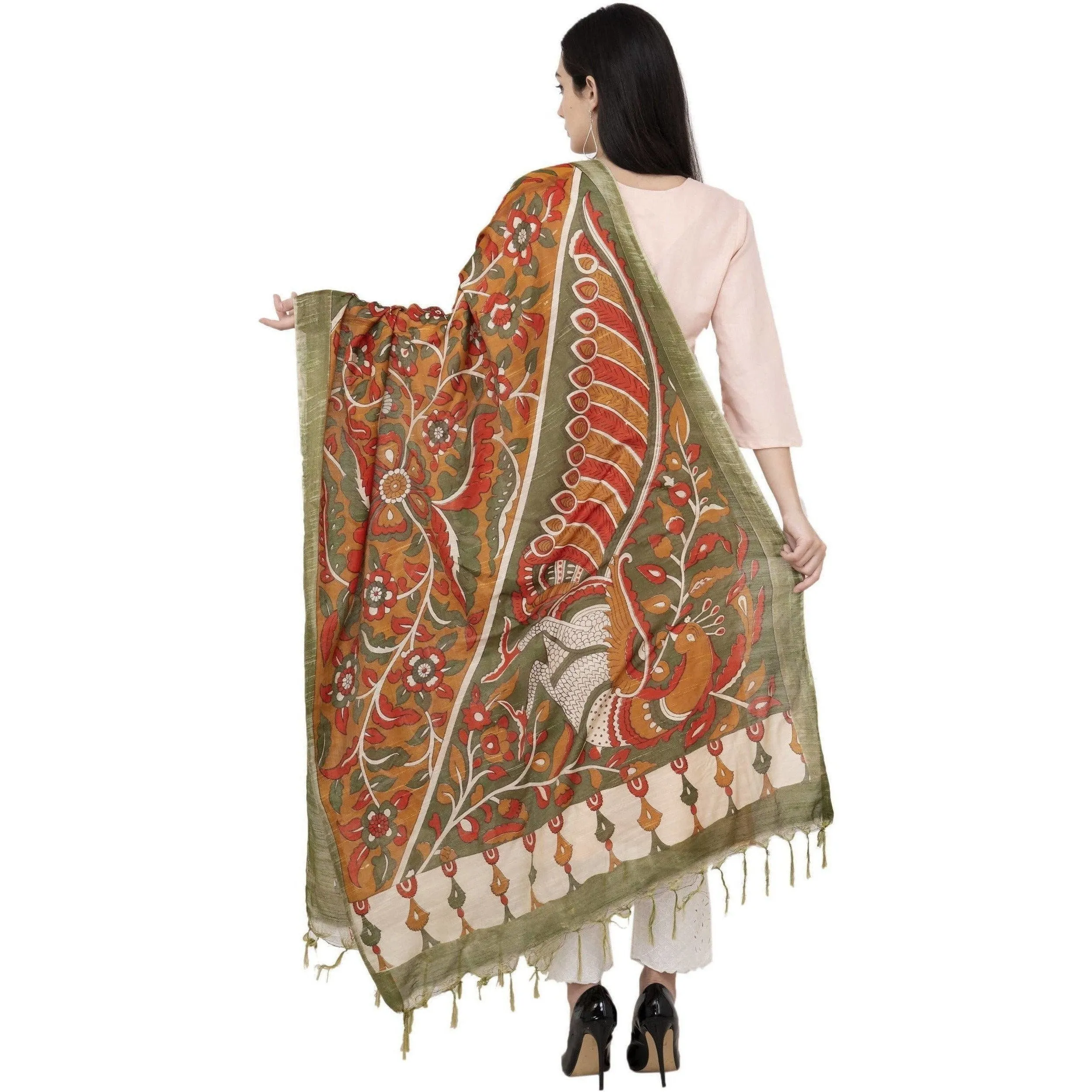 A R Silk Modal Kalamkari Printed Fancy Green Dupatta