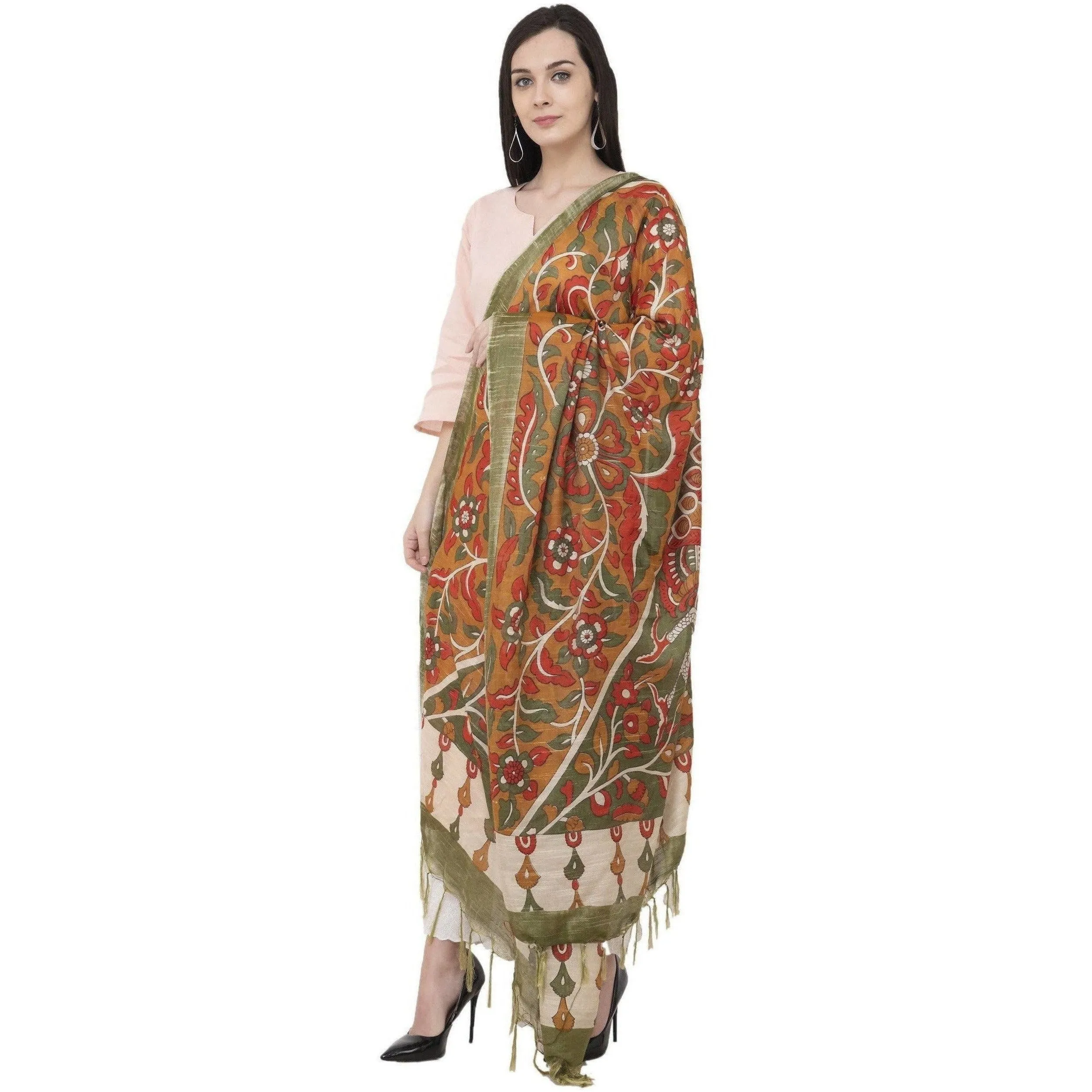 A R Silk Modal Kalamkari Printed Fancy Green Dupatta