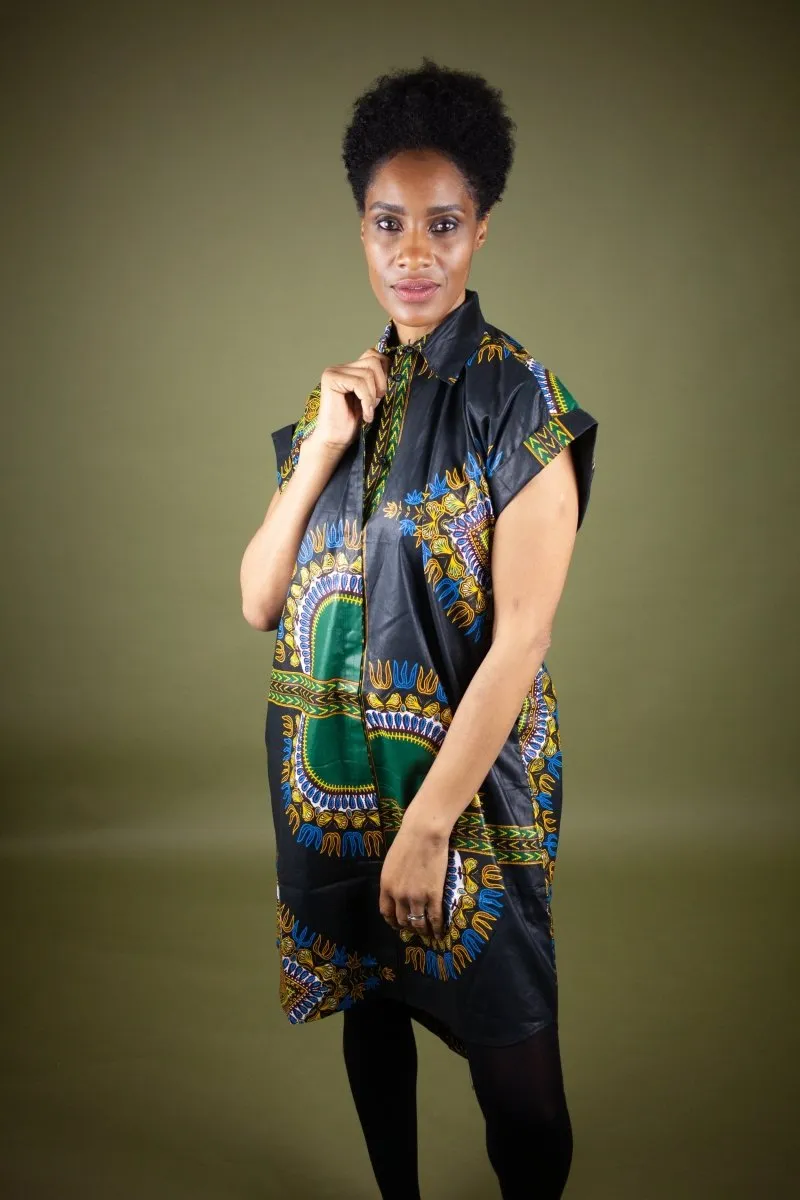 African Shirt Dress in Black Dashiki