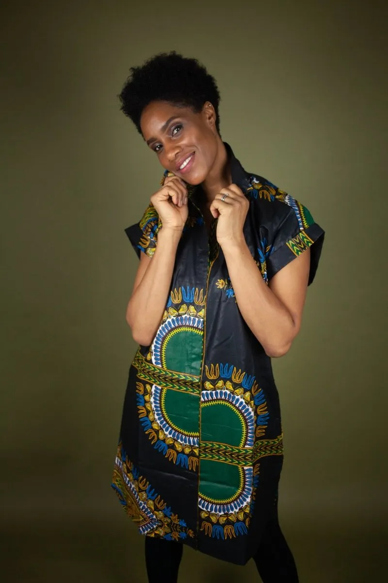 African Shirt Dress in Black Dashiki