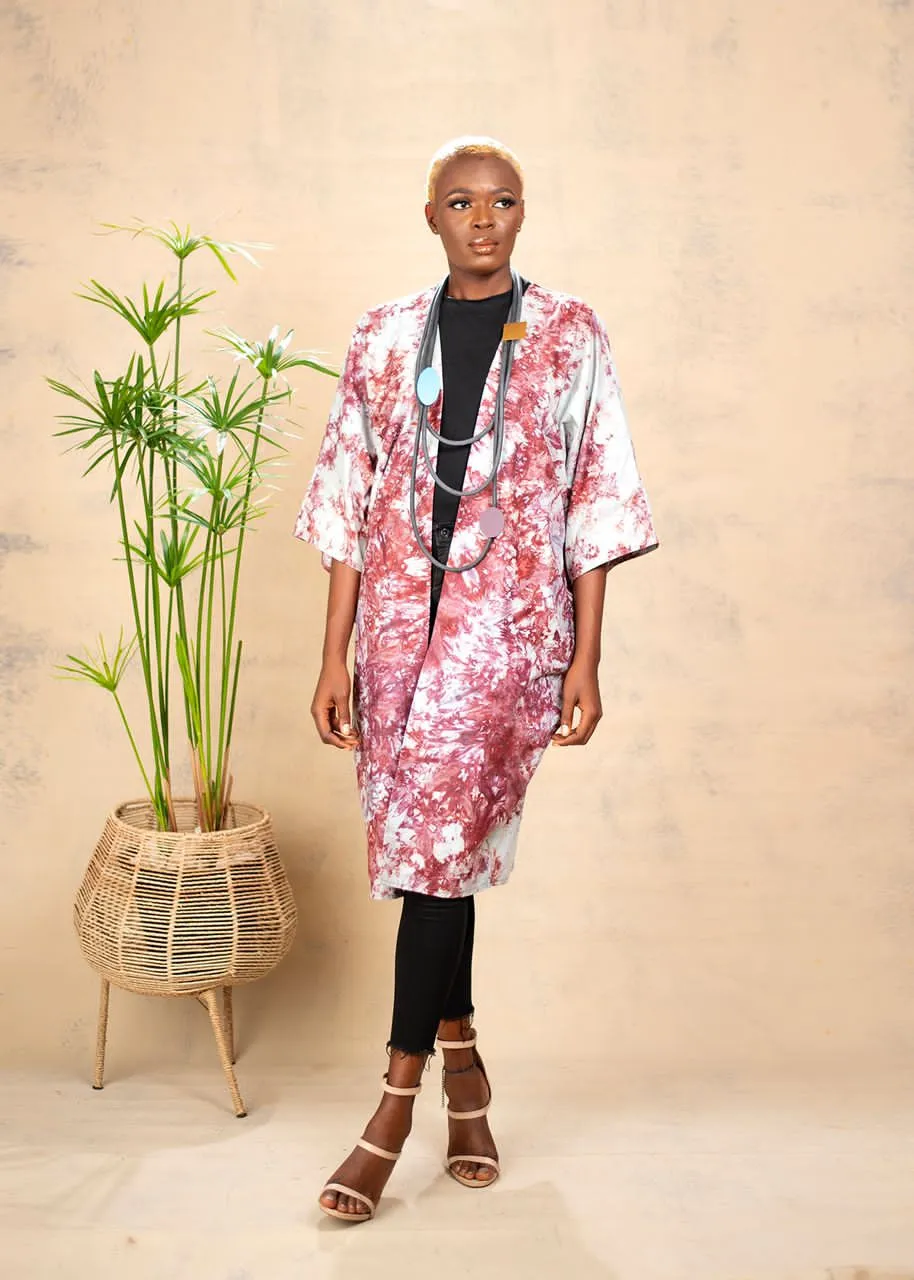 AIMAS Basan Orange Printed Adire Kimono