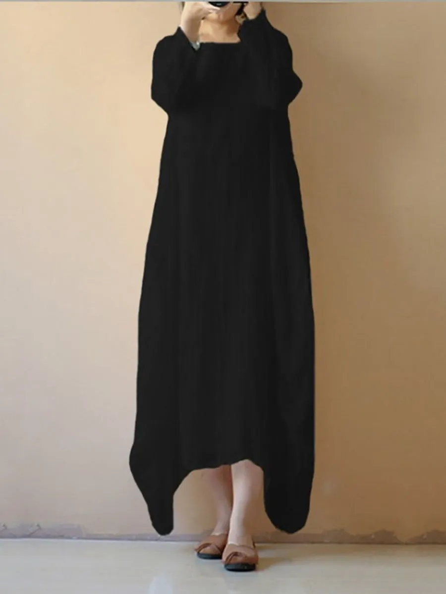 Autumn Cotton and Linen Loose Solid Color Long-Sleeved Dress