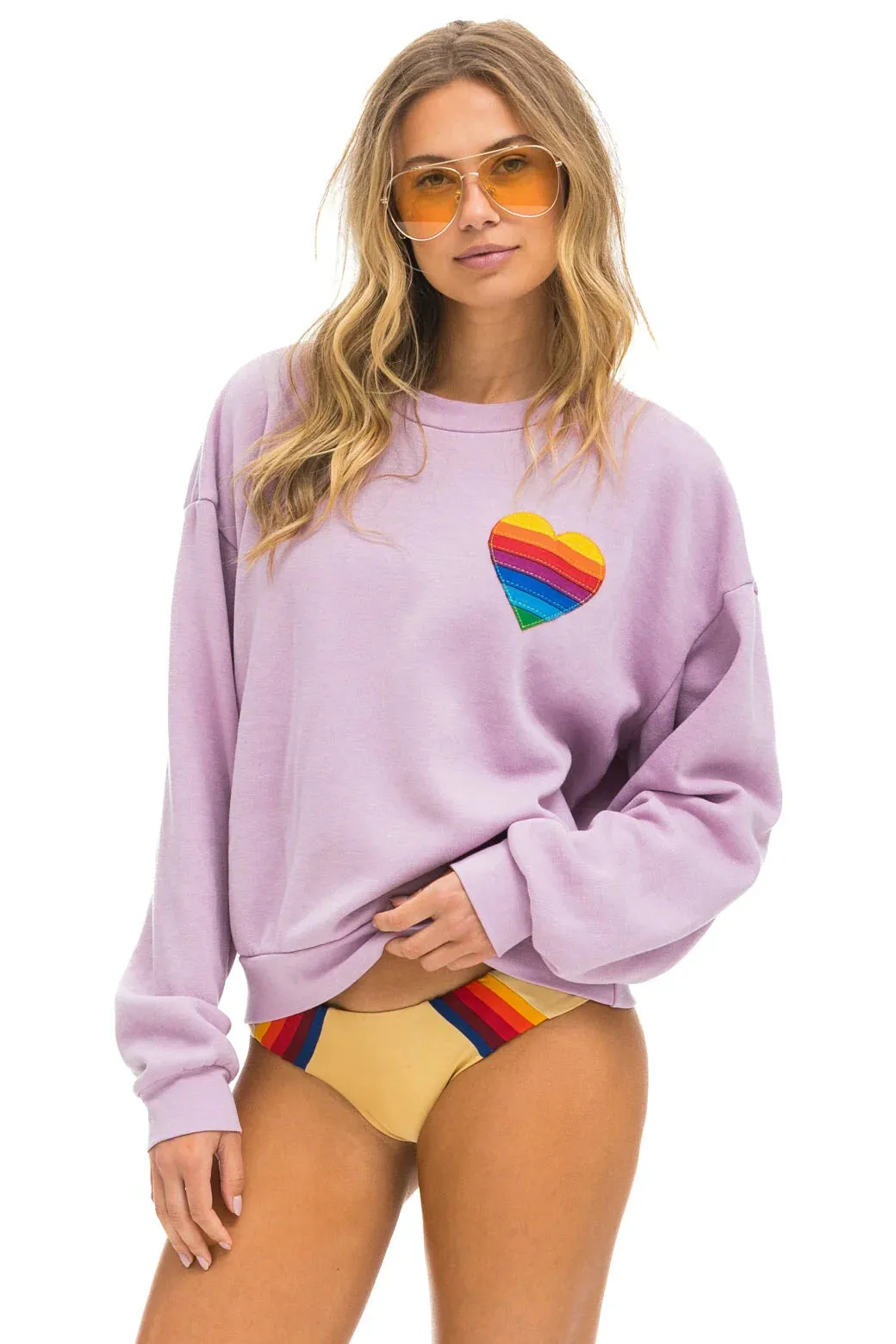 AVIATOR NATION RAINBOW HEART STITCH RELAXED CREW SWEATSHIRT - MAUVE