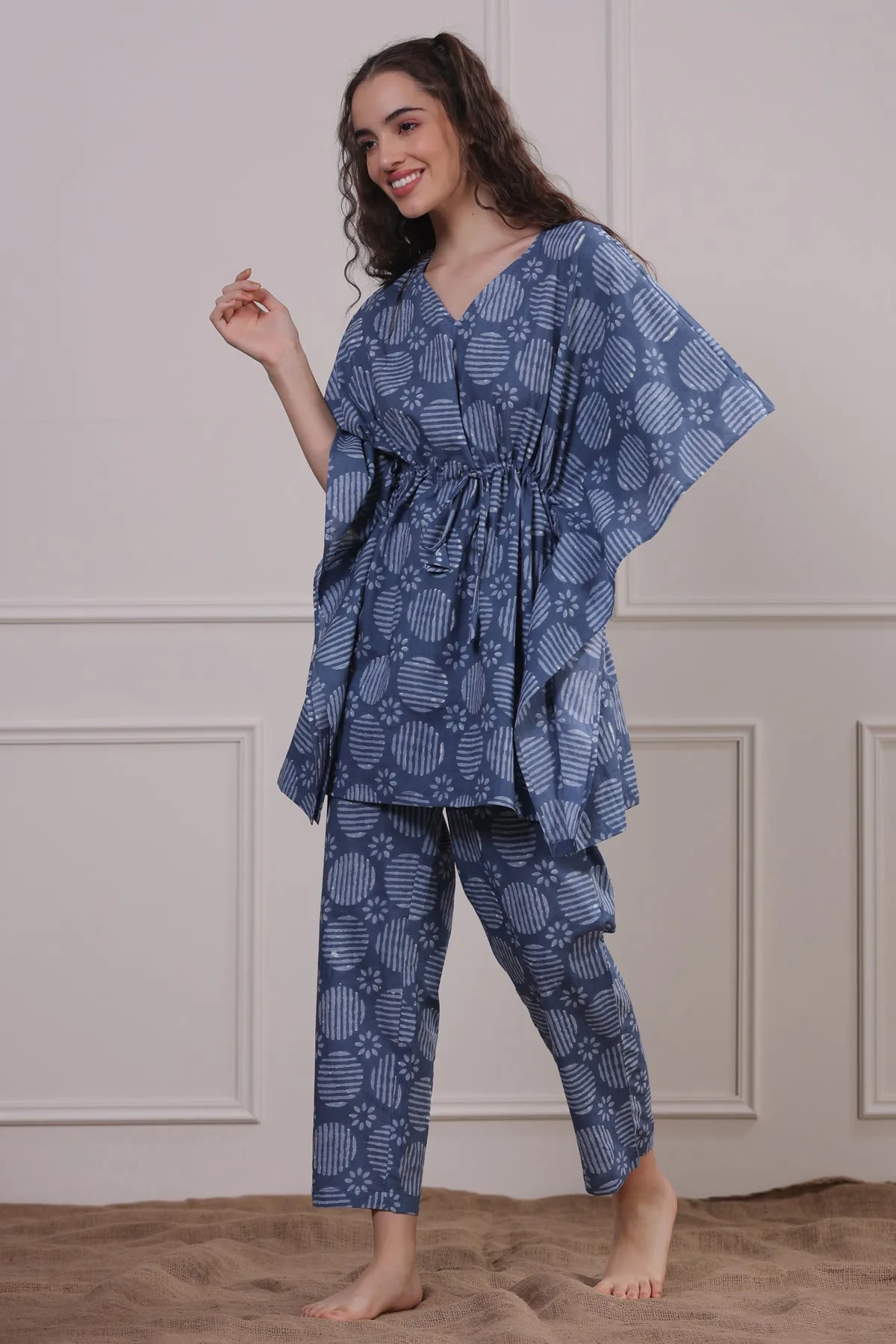 Bagru Print Blue Kaftan Pyjama Set