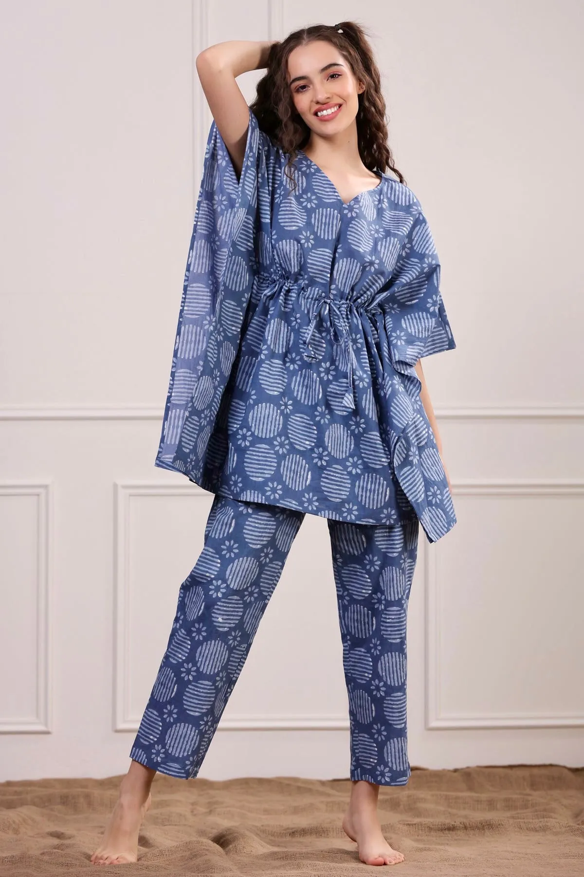 Bagru Print Blue Kaftan Pyjama Set