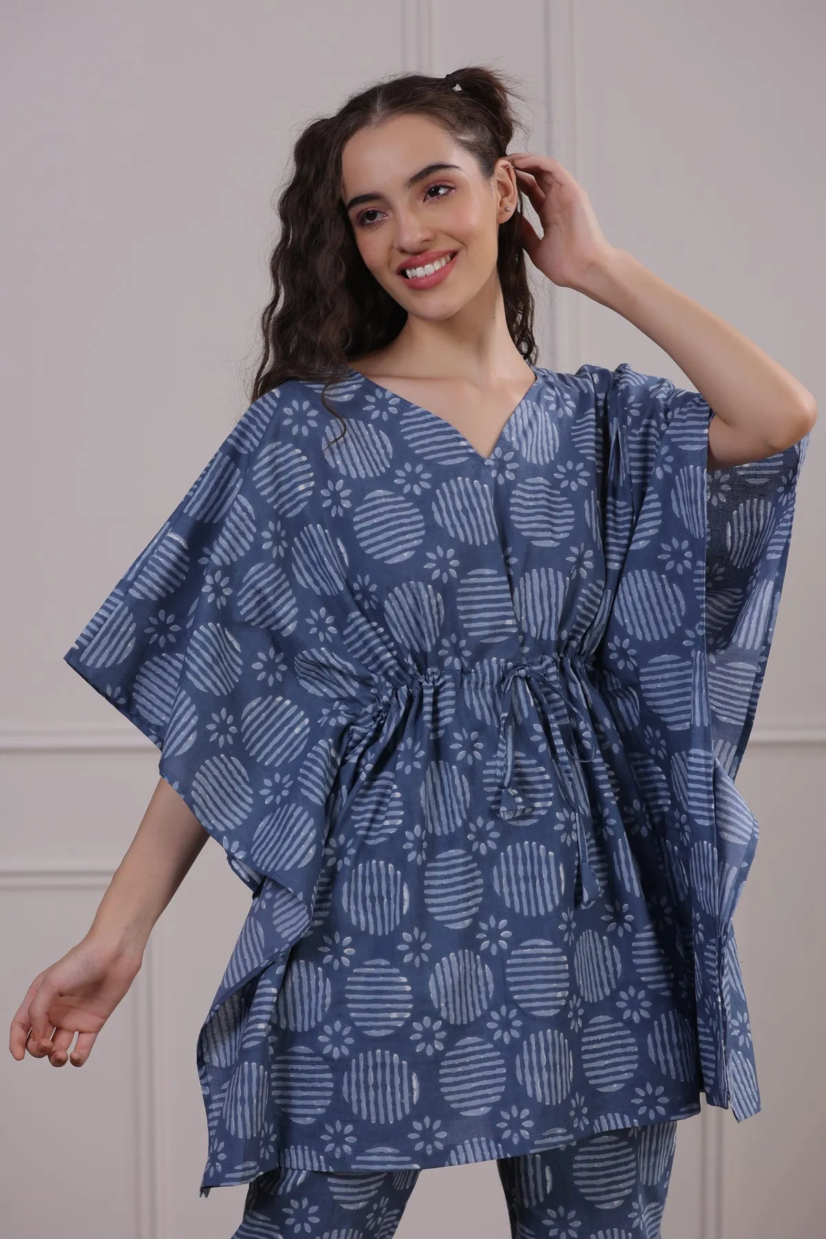 Bagru Print Blue Kaftan Pyjama Set