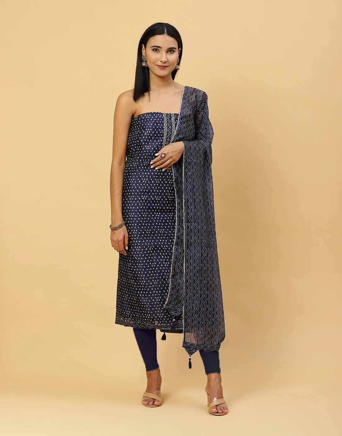 Bandhani Printed Chanderi Unstitched Suit Piece With Dupatta