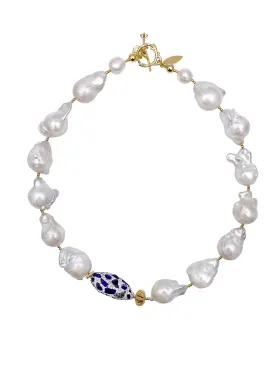 Baroque Pearls With Rhinestones Bordered Lapis Necklace EN019