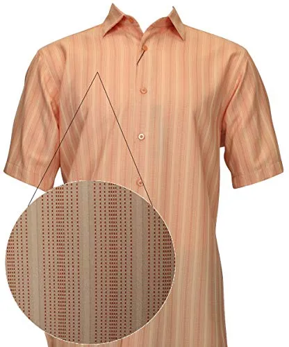 Bassiri - Button Front, Short Sleeve, Square Hem, Peach Striped, Casual Men's Shirt