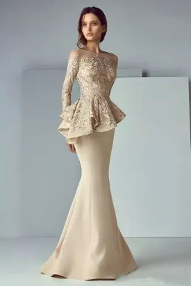 Bateau Mermaid Floor-length Long Sleeve Satin Lace Mother of the Bride Dress with Zipper Back-107825