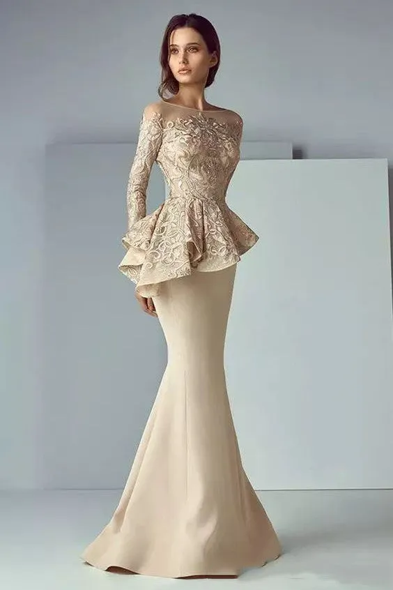 Bateau Mermaid Floor-length Long Sleeve Satin Lace Mother of the Bride Dress with Zipper Back-107825