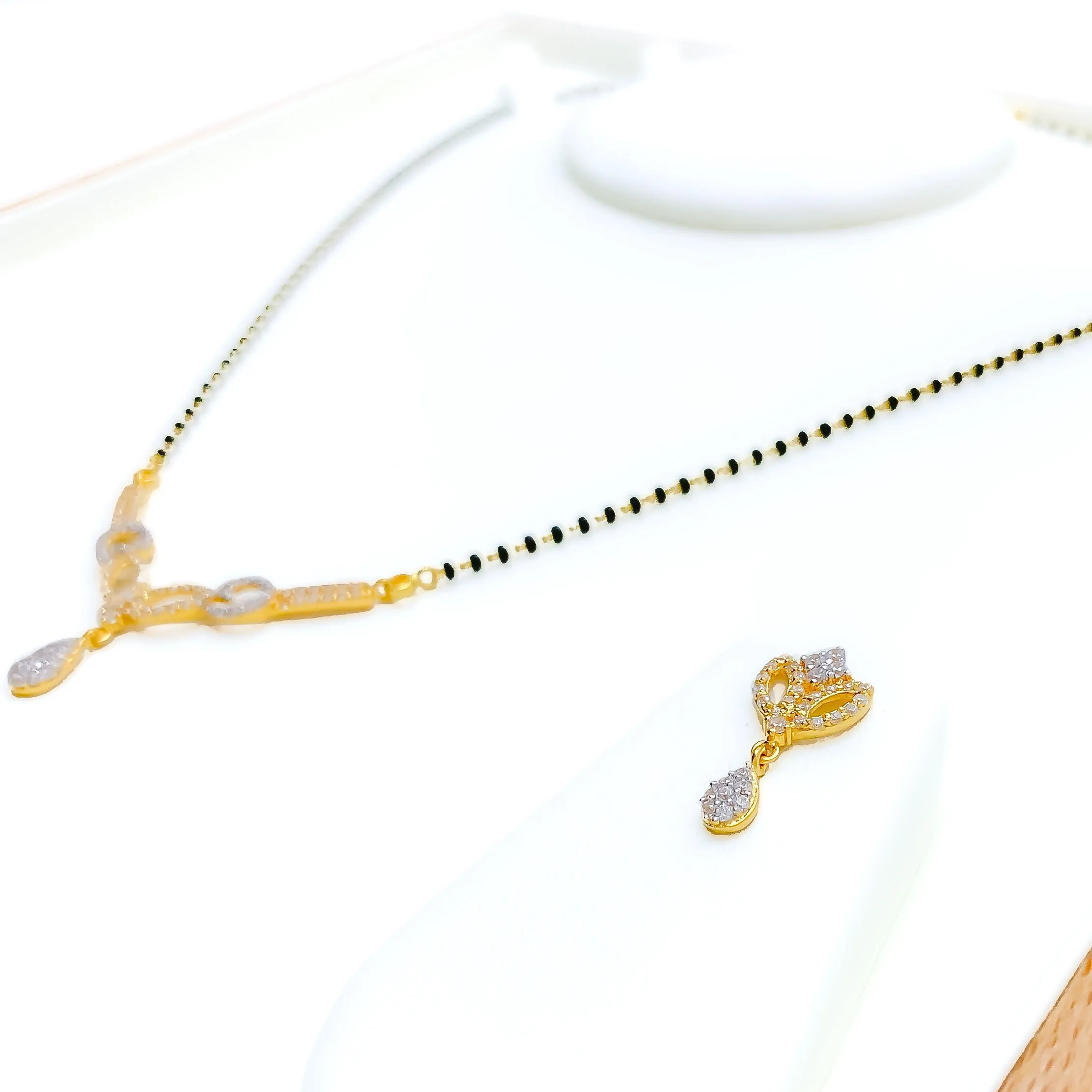 Beautiful Leaf Accented 22k Gold CZ Mangal Sutra Necklace Set