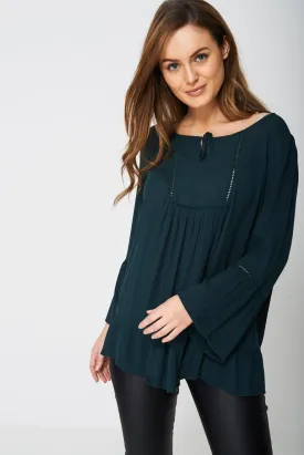 Bell Sleeve Blouse With Front Smocking Detail