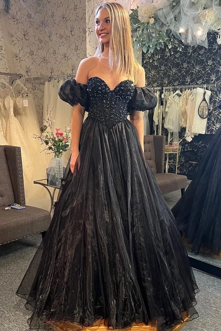 Black A-line Off-the-Shoulder Beaded Tulle Long Prom Dress,DP811