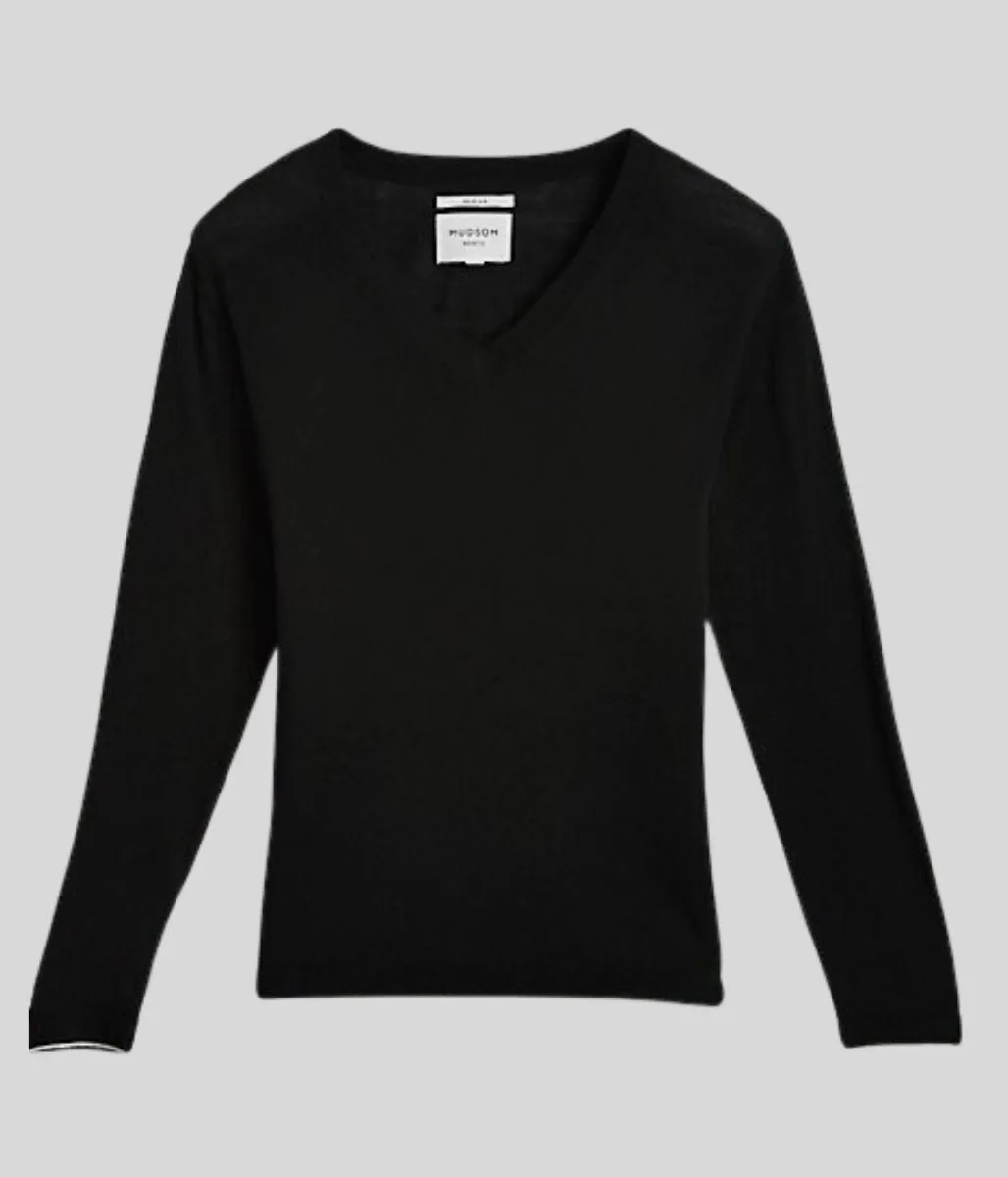 Black Merino Wool V Neck Jumper