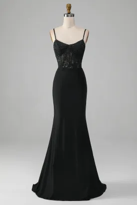 Black Spaghetti Straps Corset Mermaid Long Prom Dress with Appliques,DP1529