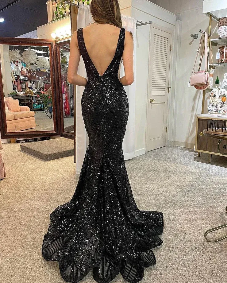 Black V Neck Sequins Backless Mermaid Long Prom Dress,DP1347