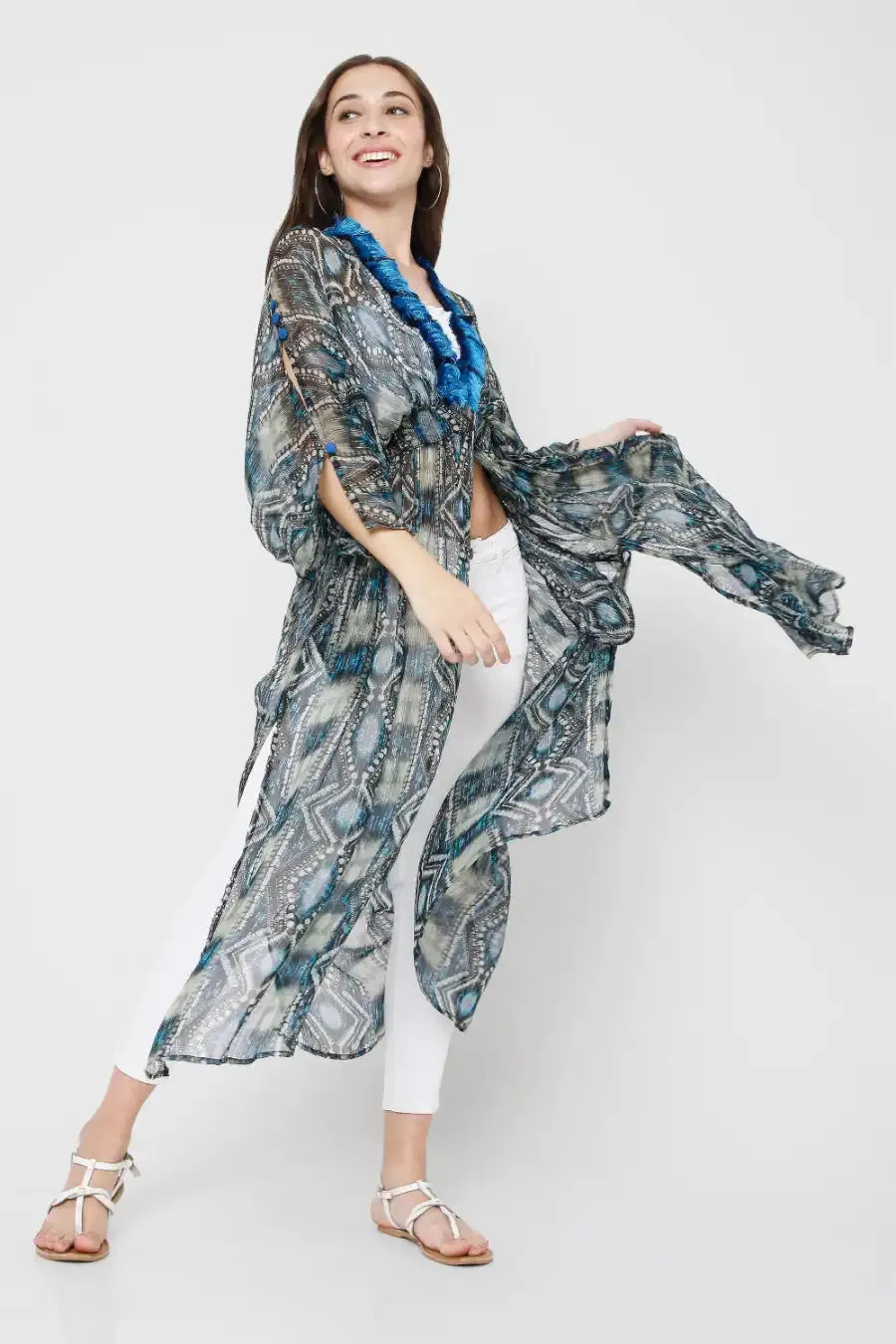 Blue Abstract Printed Kimono Duster