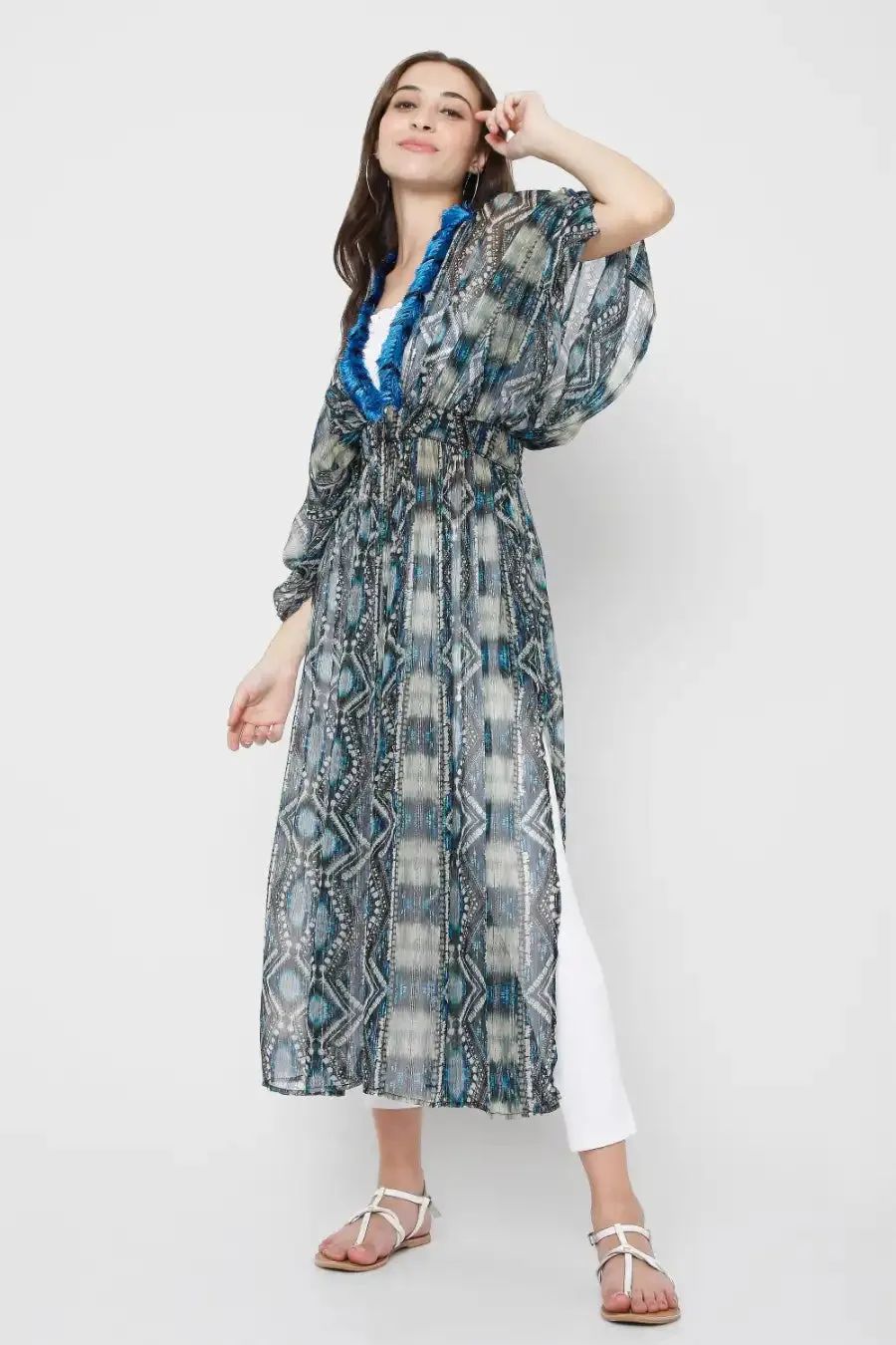 Blue Abstract Printed Kimono Duster