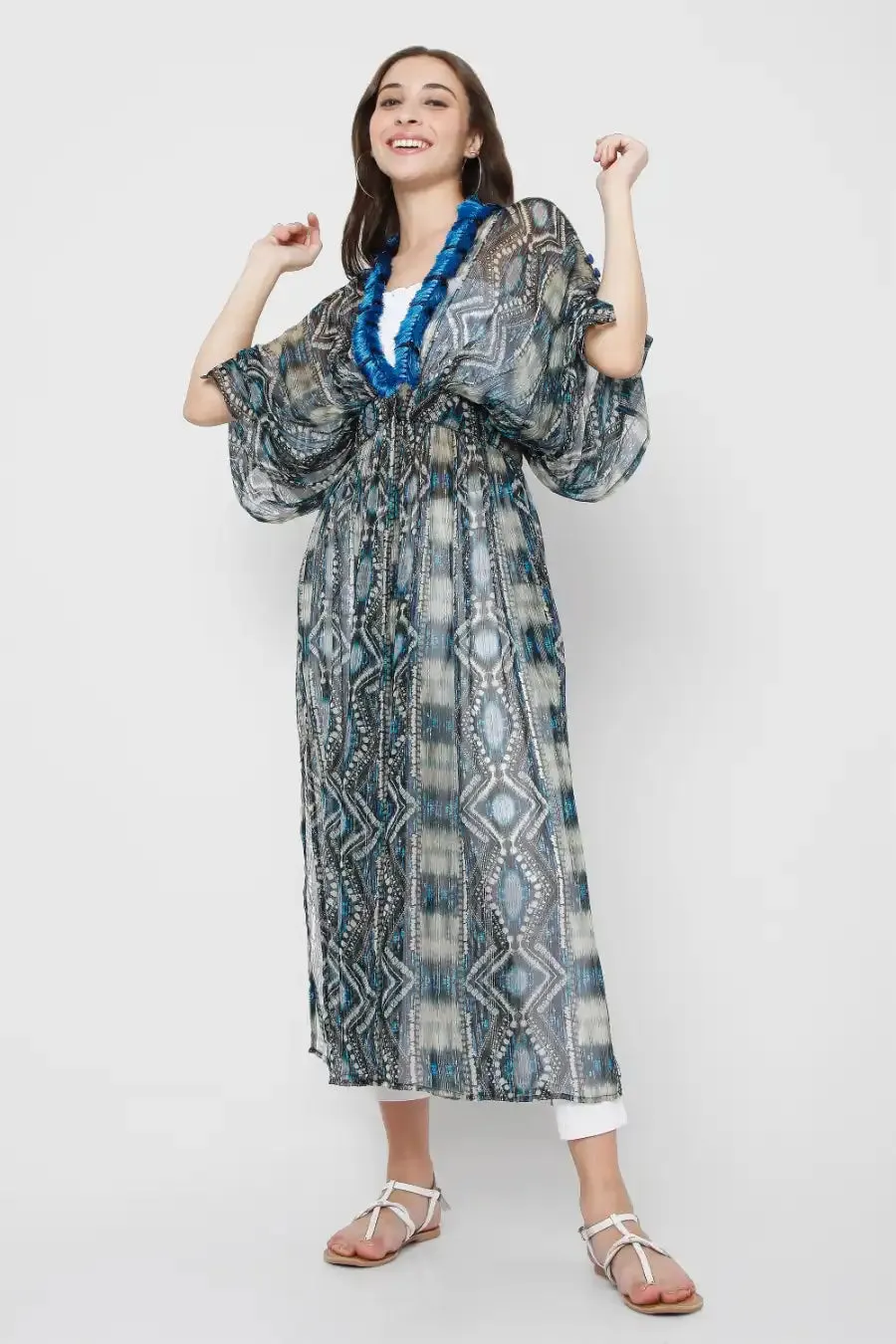 Blue Abstract Printed Kimono Duster