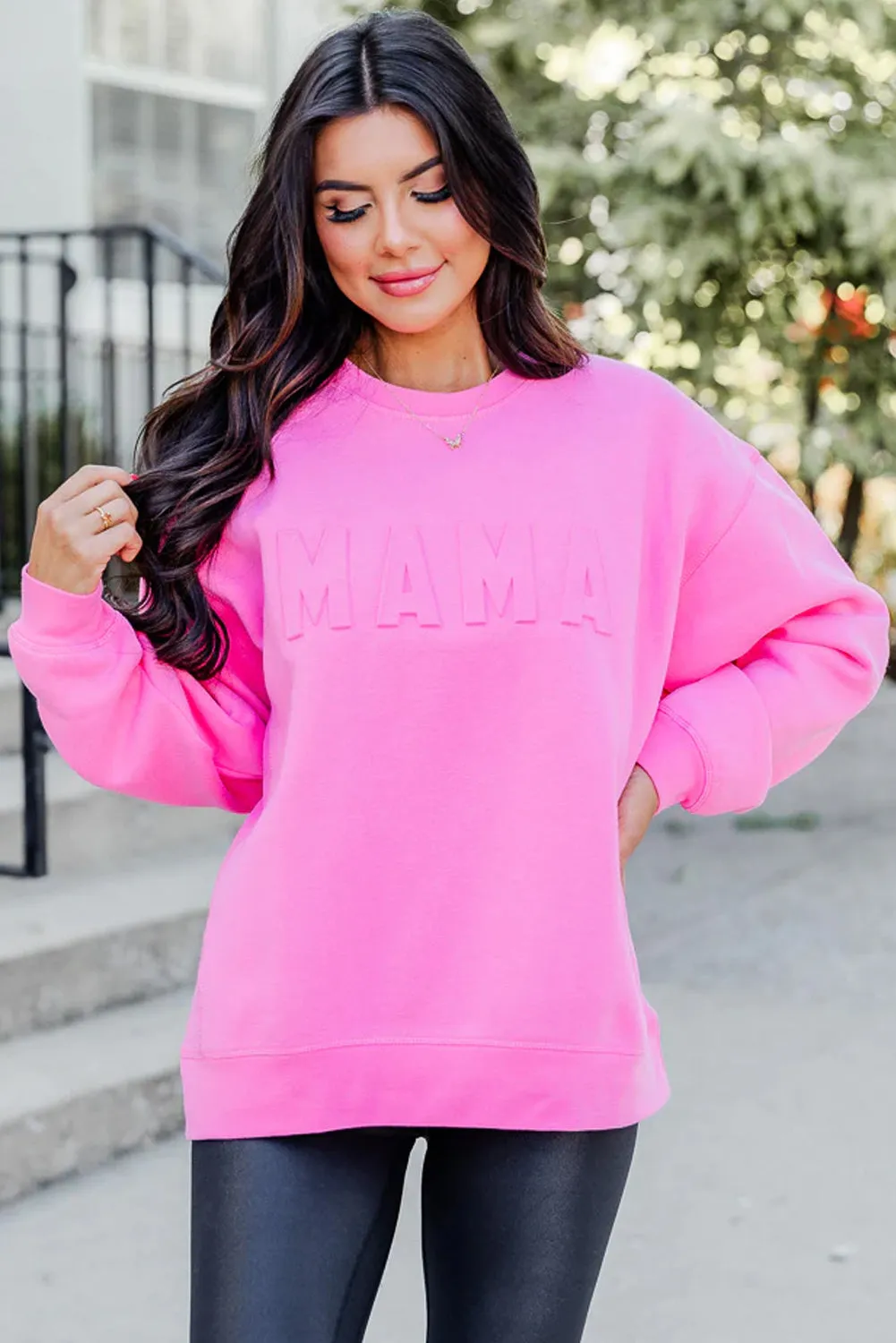 Bright Pink MAMA or COFFEE Letter Embossed Casual Sweatshirt