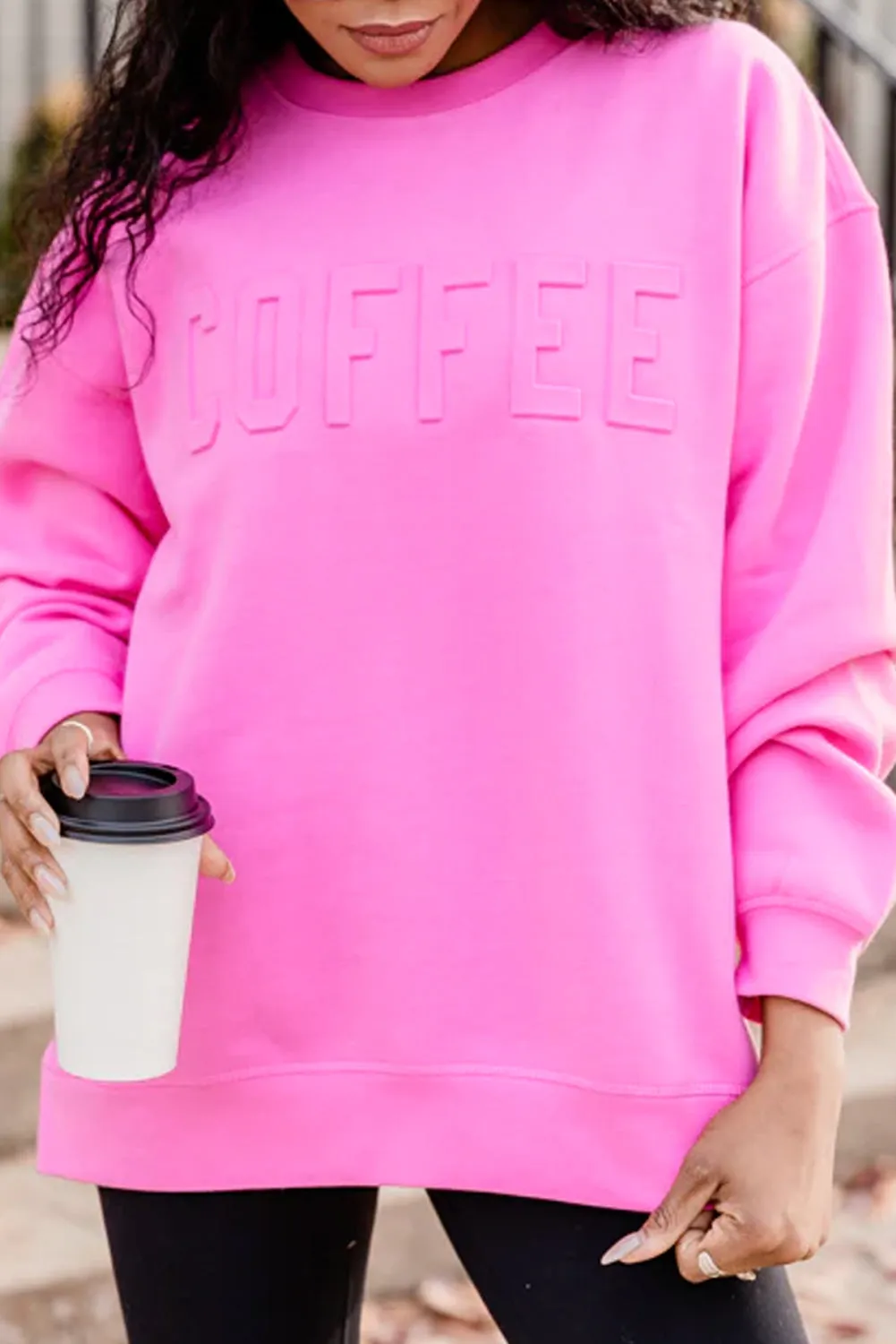 Bright Pink MAMA or COFFEE Letter Embossed Casual Sweatshirt