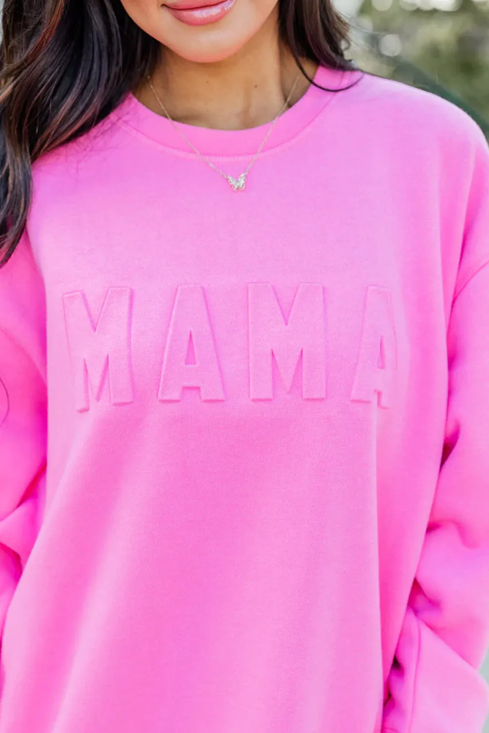 Bright Pink MAMA or COFFEE Letter Embossed Casual Sweatshirt