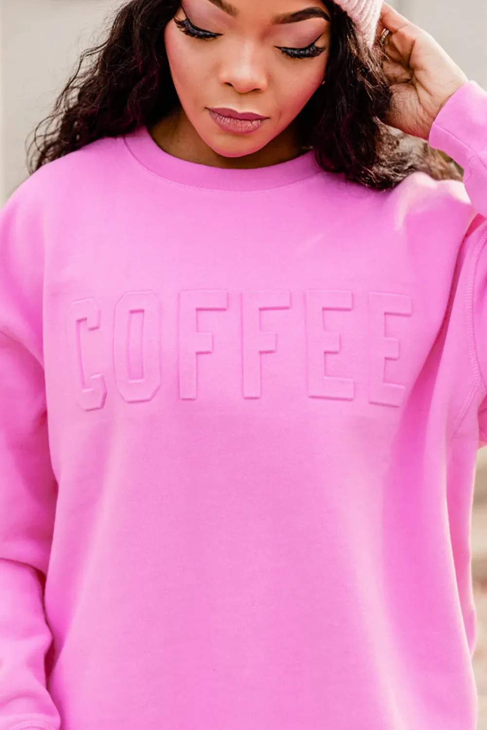 Bright Pink MAMA or COFFEE Letter Embossed Casual Sweatshirt