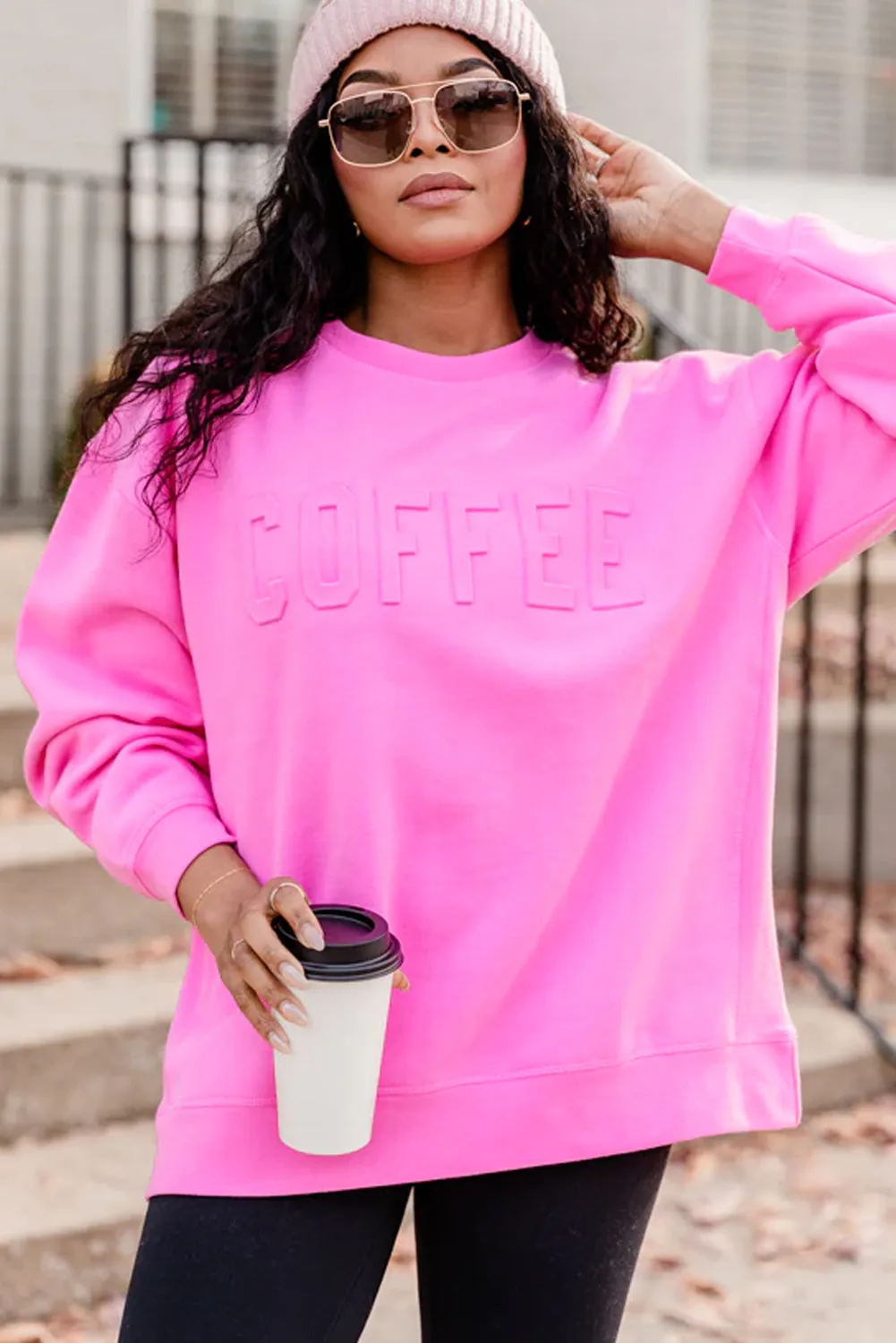 Bright Pink MAMA or COFFEE Letter Embossed Casual Sweatshirt