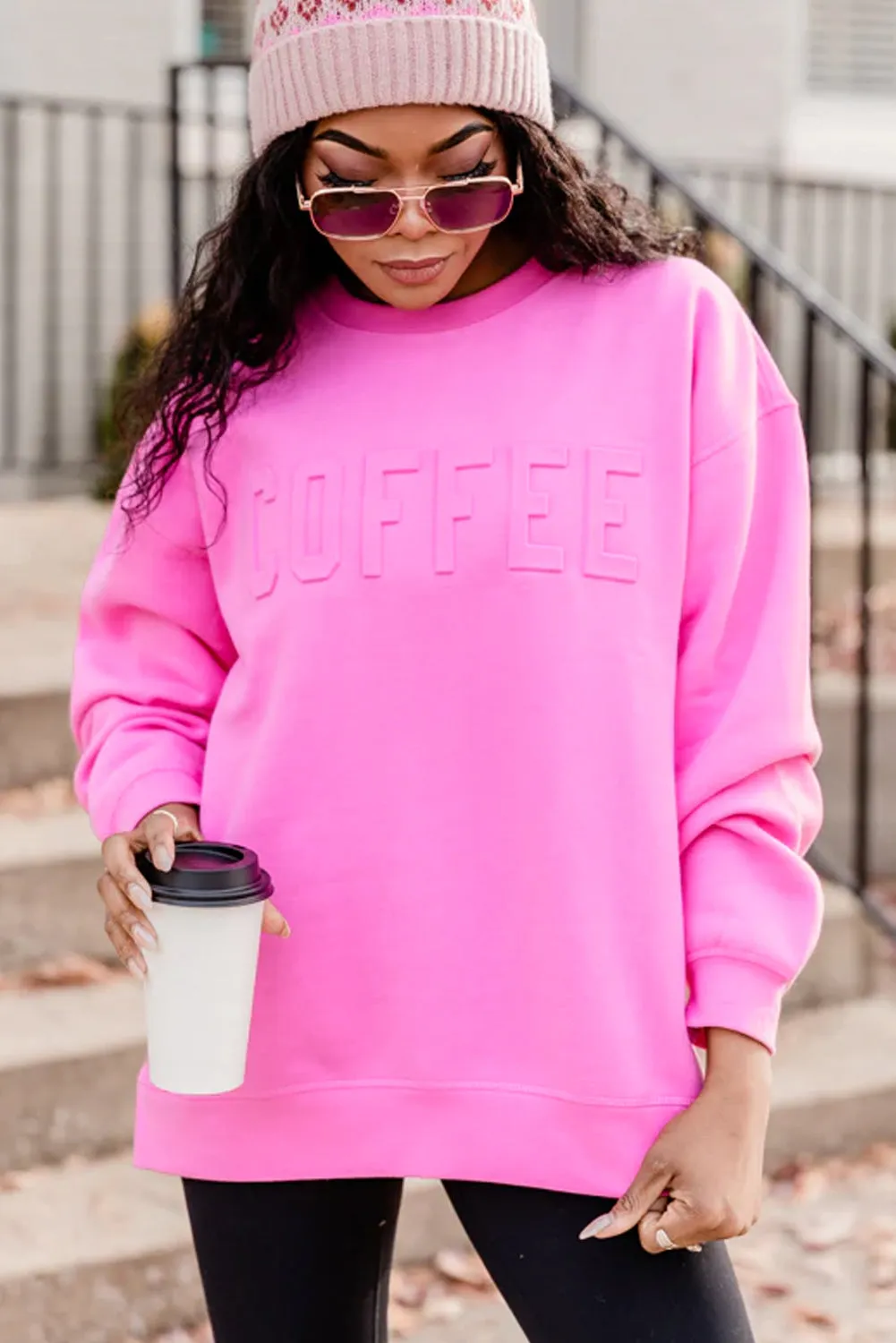 Bright Pink MAMA or COFFEE Letter Embossed Casual Sweatshirt