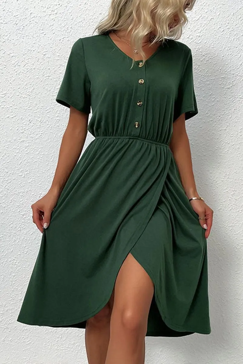 BUTTON POINT TIGHTEN WAIST SLIT DRESS