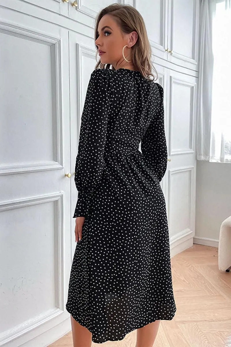 BUTTONED RUFFLED SLEEVE POLKA DOT MIDE DRESS