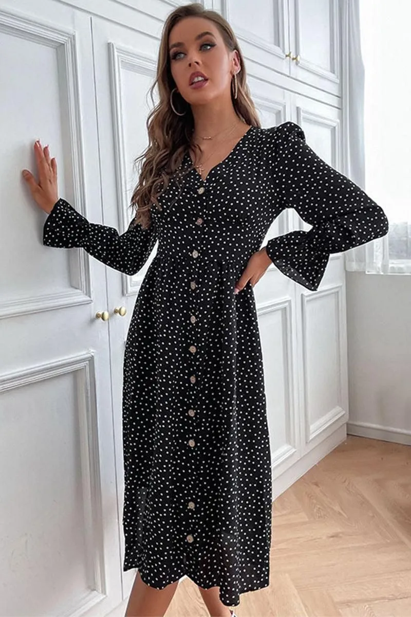 BUTTONED RUFFLED SLEEVE POLKA DOT MIDE DRESS