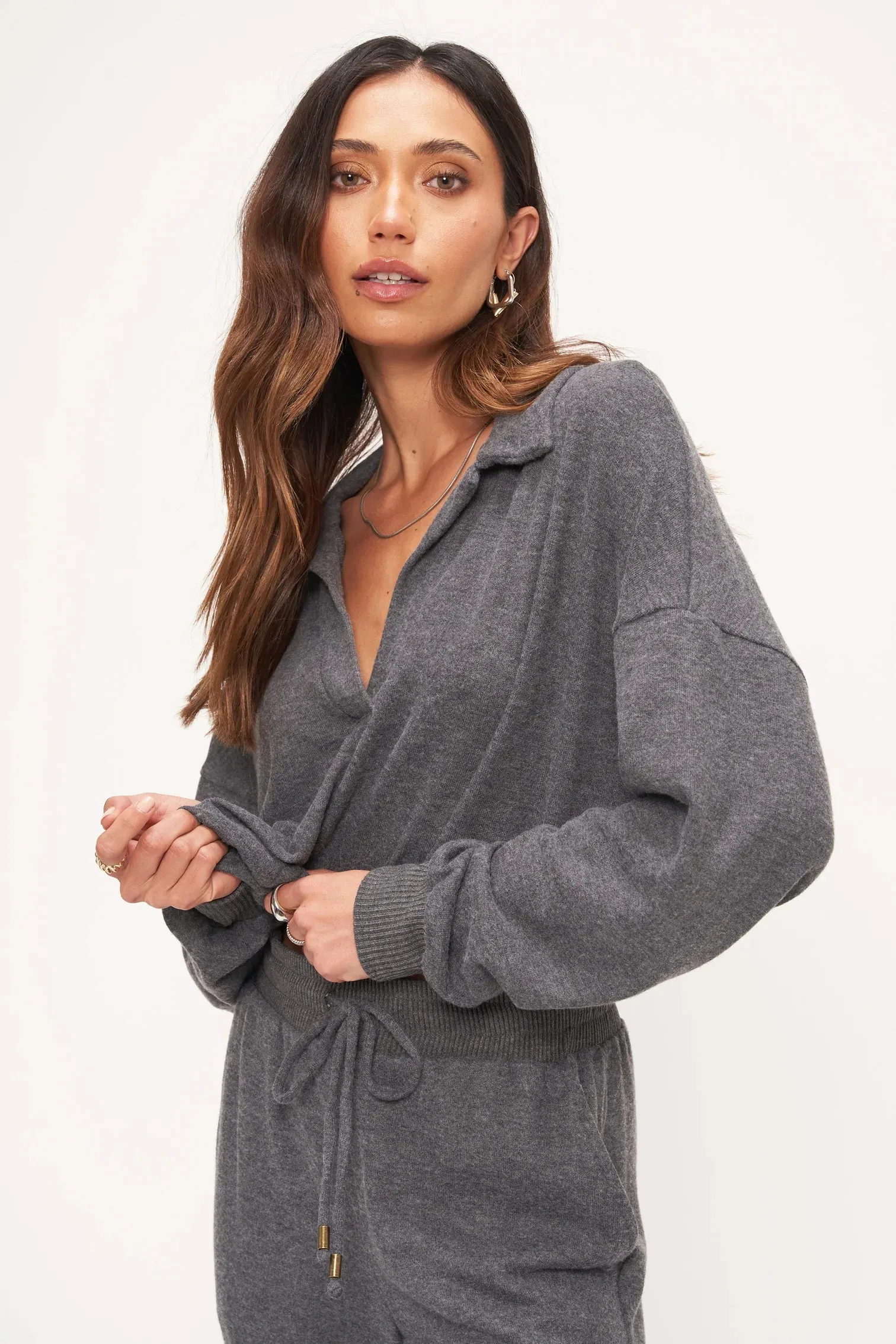 Callisto Heathered Cozy Collared Top