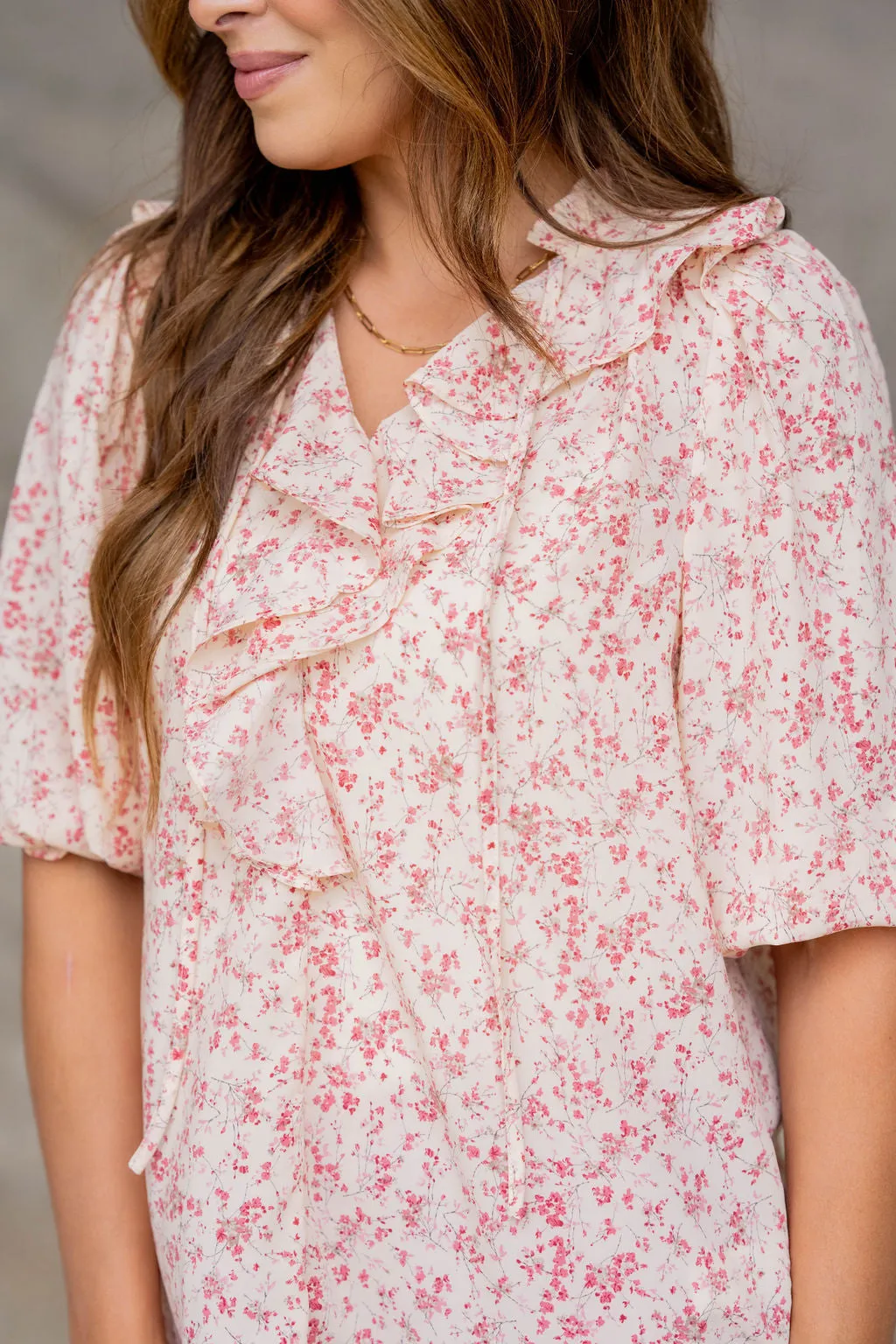 Cherry Blossoms Ruffle Front Blouse