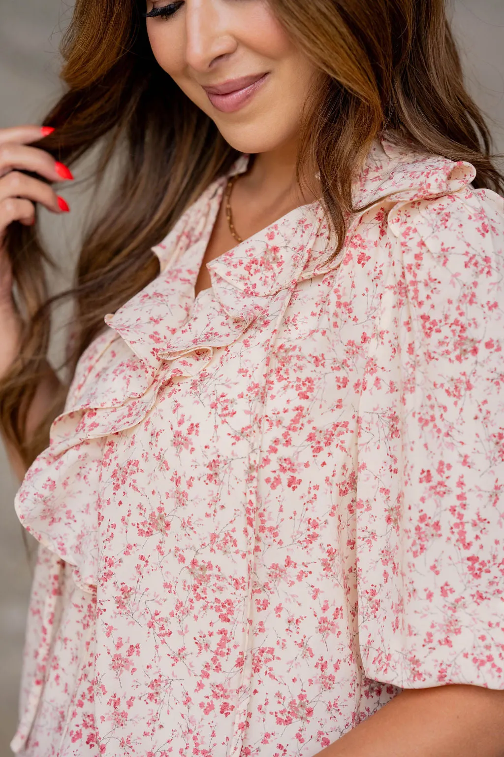 Cherry Blossoms Ruffle Front Blouse