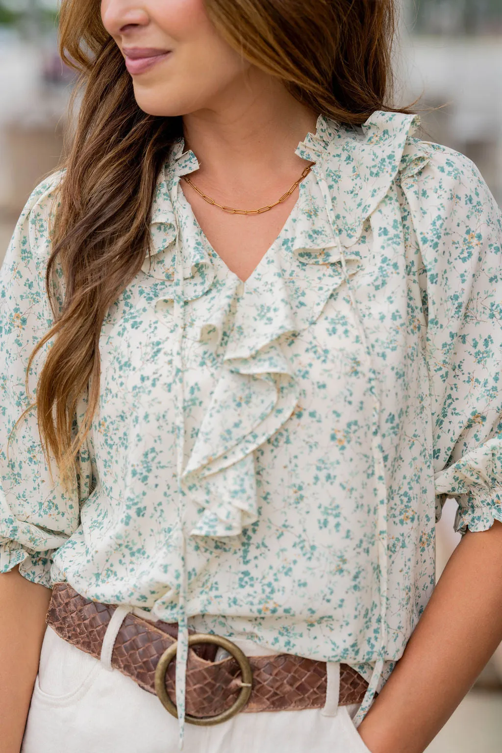 Cherry Blossoms Ruffle Front Blouse