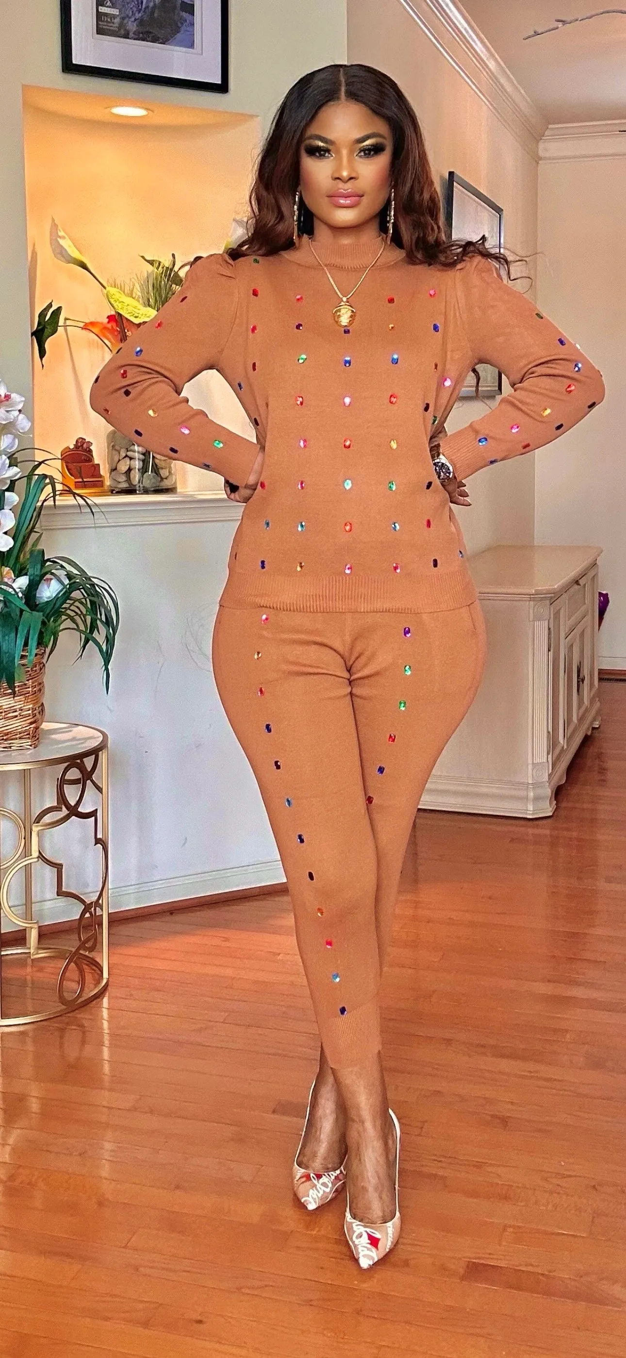 COLORED RHINESTONE-BROWN SWEATER JOGGER KNIT SET(BROWN)