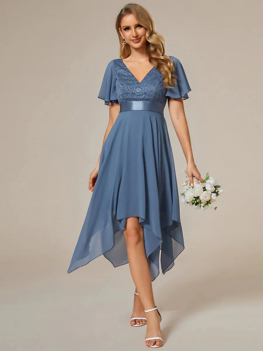 Deep V Neck Chiffon Evening Gown With Short Sleeves