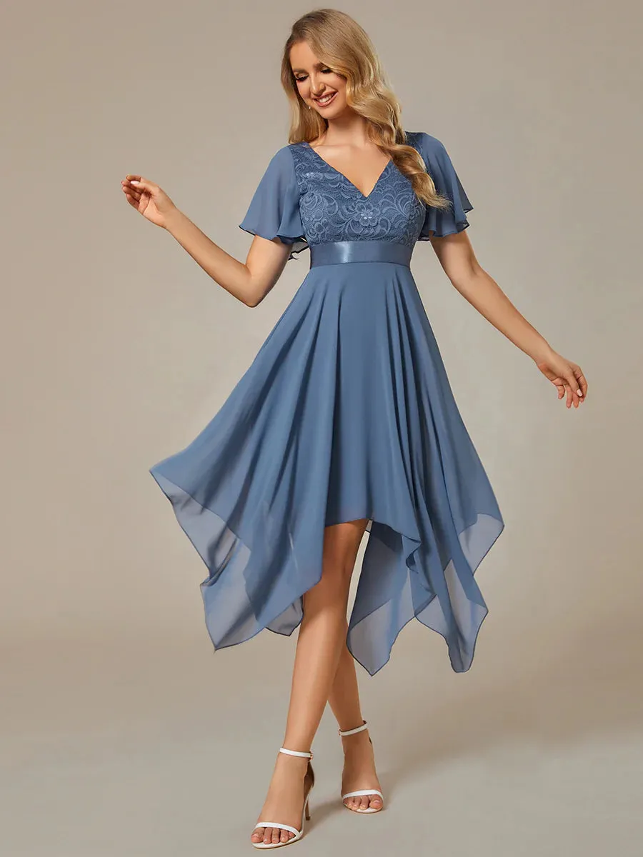 Deep V Neck Chiffon Evening Gown With Short Sleeves