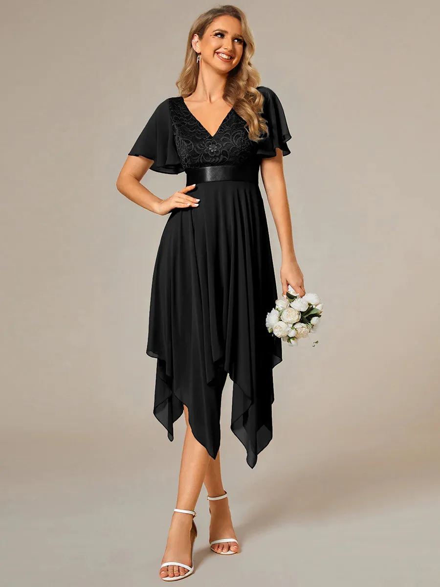 Deep V Neck Chiffon Evening Gown With Short Sleeves