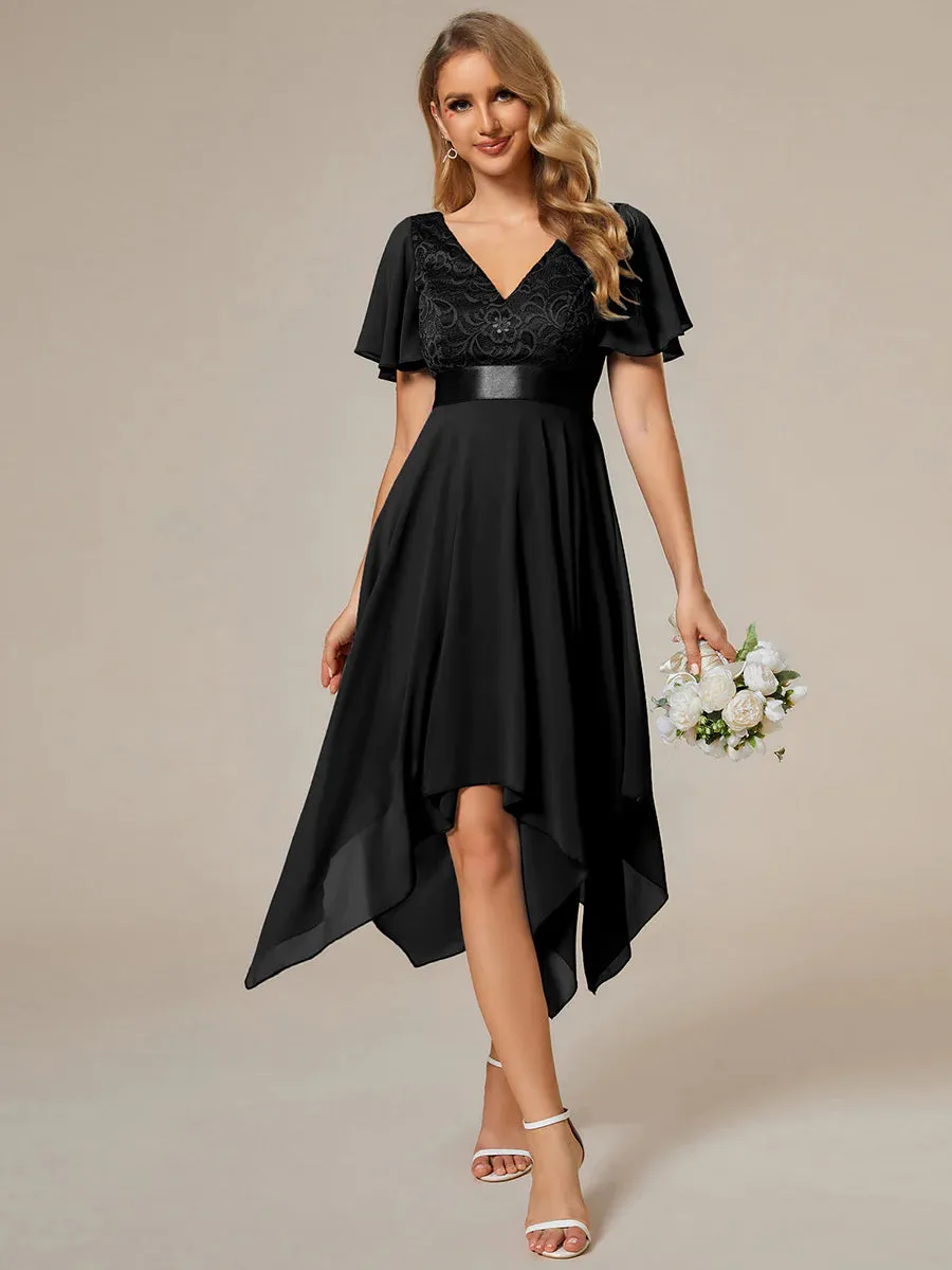 Deep V Neck Chiffon Evening Gown With Short Sleeves