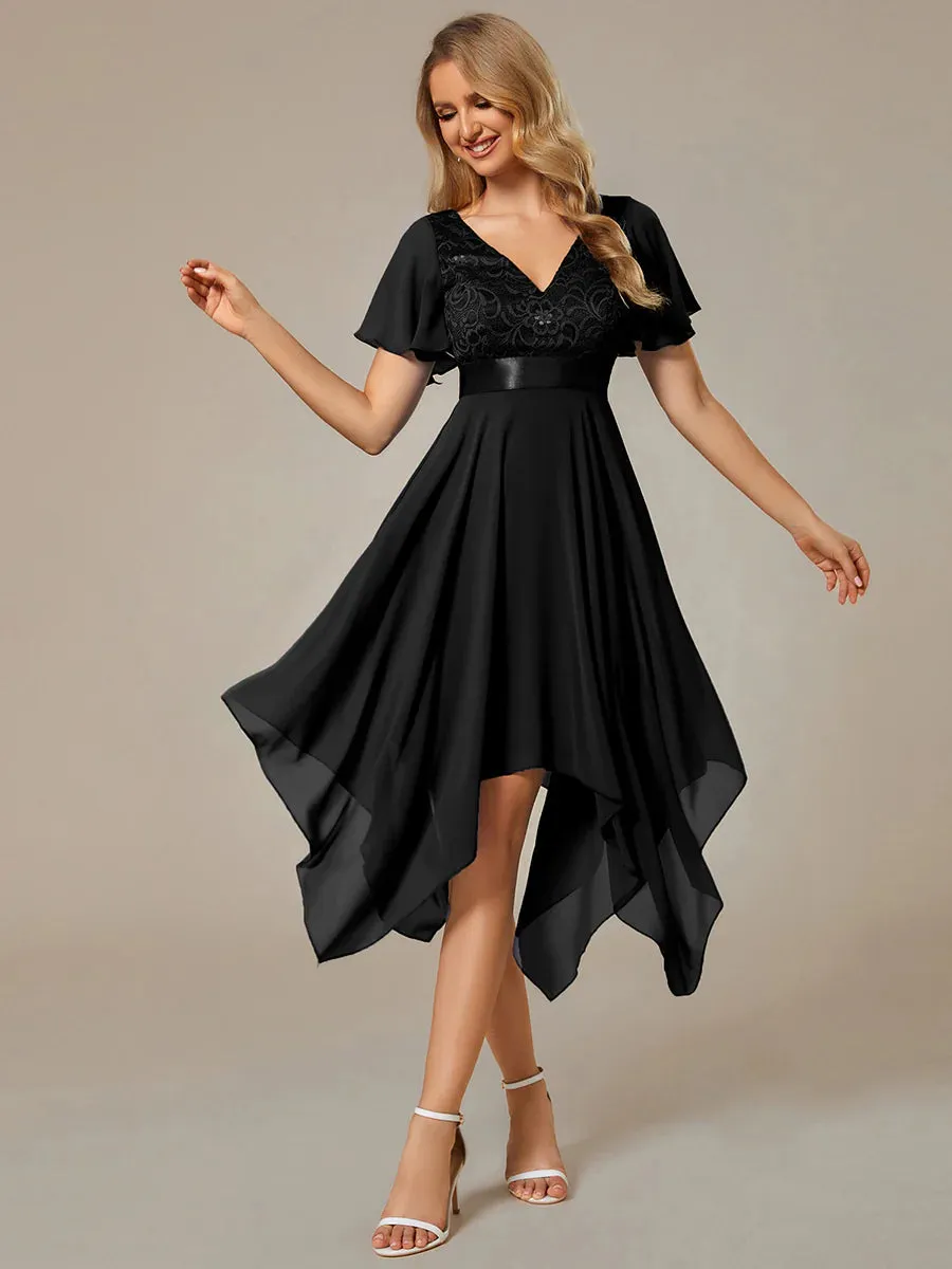 Deep V Neck Chiffon Evening Gown With Short Sleeves