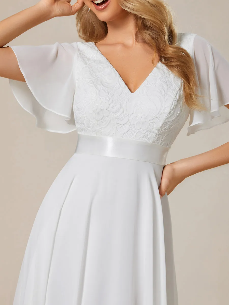 Deep V Neck Chiffon Evening Gown With Short Sleeves