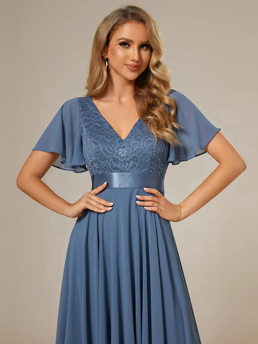 Deep V Neck Chiffon Evening Gown With Short Sleeves