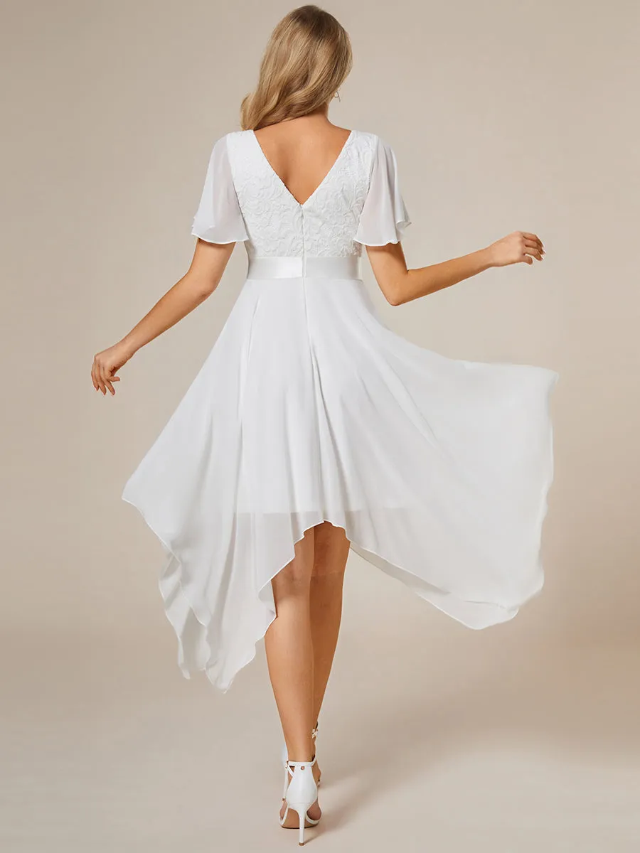 Deep V Neck Chiffon Evening Gown With Short Sleeves