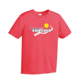 Don't Get Smashed (Purple White Yellow Pickleball Colors) | Youth Short Sleeve Athletic Shirt | 100% Polyester