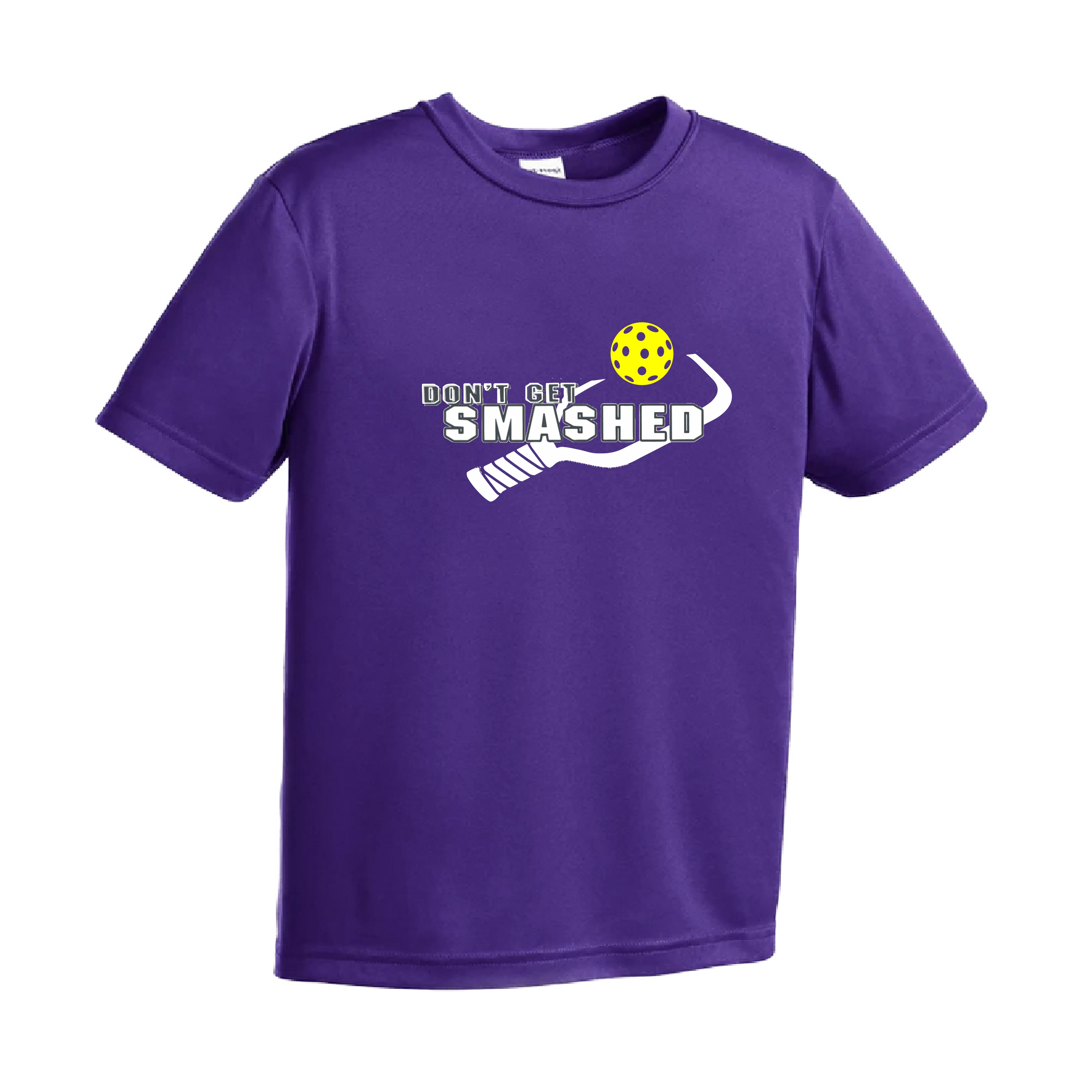 Don't Get Smashed (Purple White Yellow Pickleball Colors) | Youth Short Sleeve Athletic Shirt | 100% Polyester